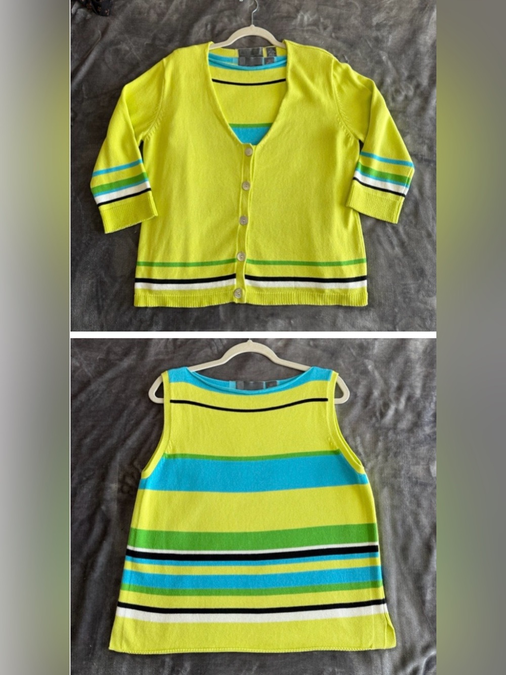 Vintage Michael Simon Lime Green Striped Cardigan Shell Top Twinset L Bold 90s